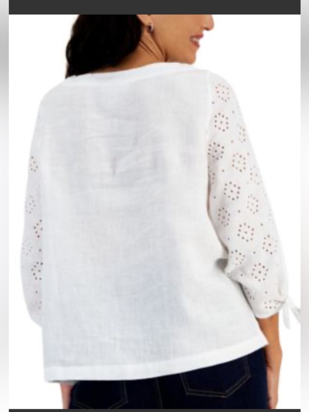 New 100% Linen Charter Club luxury White Eyelet Tie Sleeve Blouse Size P M - Picture 3 of 9
